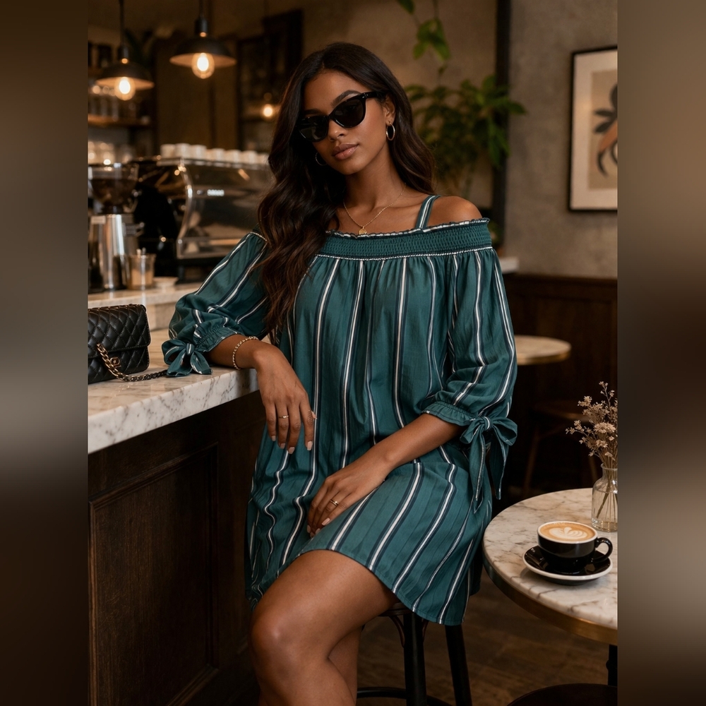 FINAL!!! New Off-Shoulder Green Striped Shift Dress